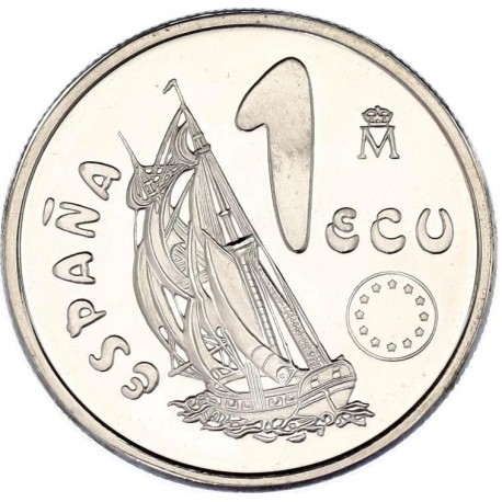 . 1 Moneda + CÁPSULA x ESPAÑA 1 ECU 1995 LA MARINA ESPAÑOLA BARCO y TIMON MONEDA DE PLATA NO ESTUCHE FNMT 1/5 ONZA