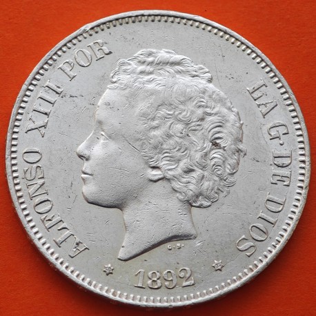 . @MUY BONITA@ ESPAÑA 5 PESETAS 1892 * 18 92 PGM REY ALFONSO XIII tipo "RIZOS" KM.700 MONEDA DE PLATA (DURO) Spain silver R/4