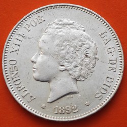 ESPAÑA 5 PESETAS 1892 * 18 92 PGM REY ALFONSO XIII tipo "RIZOS" KM.700 MONEDA DE PLATA (DURO - PRECIOSA) Spain silver R/4