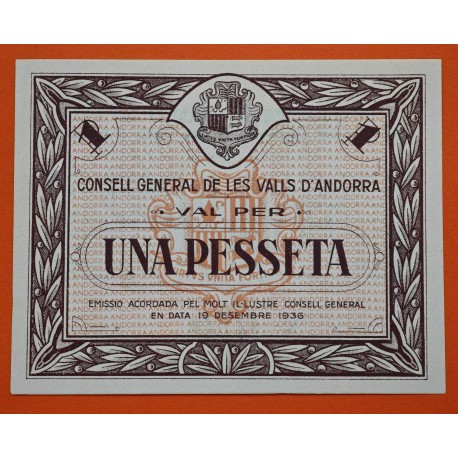 . @RARO@ ANDORRA 1 PESETA 1936 GUERRA CIVIL 2ª EMISIón Color MARRÓN Pick 6 BILLETE SC Principado de 1 Pesseta