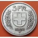 @ESCASA@ SUIZA 5 FRANCOS 1931 B GUILLERMO TELL KM.40 MONEDA DE PLATA MBC Switzerland 5 Francs