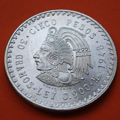 @PLENO BRILLO ORIGINAL@ MEXICO 5 PESOS 1948 INDIO CUAUHTEMOC KM.465 MONEDA DE PLATA SC- Mejico silver 0,87 ONZAS R/2