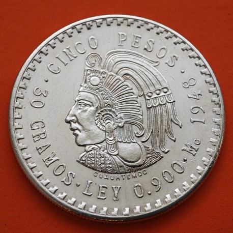 MEXICO 5 PESOS 1948 INDIO CUAUHTEMOC KM.465 MONEDA DE PLATA @LIMPIADA@ Mejico silver 0,87 ONZAS R/4