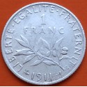 FRANCIA 1 FRANCO 1911 SEMEUSE - SEMBRADORA KM.844.1 PLATA MBC + France 1 Franc silver coin