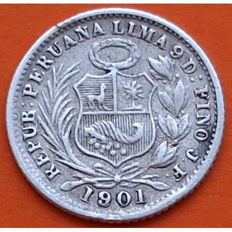 PERU 1/2 DINERO 1901 J.F. Ceca de Lima DAMA SENTADA KM.206.2 MONEDA DE PLATA MBC República Peruana 1,25 grs 15mm
