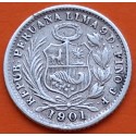 PERU 1/2 DINERO 1901 J.F. Ceca de Lima DAMA SENTADA KM.206.2 MONEDA DE PLATA MBC República Peruana 1,25 grs 15mm