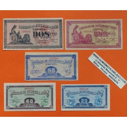 . 5 Billetes x CONSEJO DE ASTURIAS y LEÓN 25+40+50 CENTIMOS 1937 + 1 PESETA + 2 PESETAS 1937 MBC+ España GUERRA CIVIL