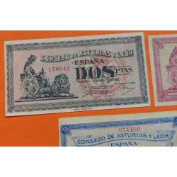 . 5 Billetes x CONSEJO DE ASTURIAS y LEÓN 25+40+50 CENTIMOS 1937 + 1 PESETA + 2 PESETAS 1937 MBC+ España GUERRA CIVIL