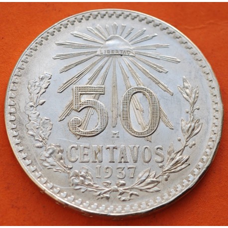 MEXICO 50 CENTAVOS 1937 AGUILA y VALOR KM.447 MONEDA DE PLATA EBC + RAYITAS Mejico silver