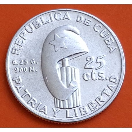 CUBA 25 CENTAVOS 1953 1853 CENTENARIO DE JOSE MARTI KM.27 MONEDA DE PLATA SC- silver coin R/2