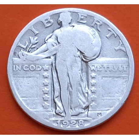 @ESCASA@ ESTADOS UNIDOS 1/4 DOLAR 1928 STANDING LIBERTY KM.145 MONEDA DE PLATA USA QUARTER Dollar
