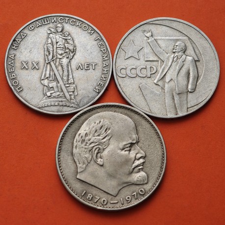 @VLADIMIR LENIN@ 3 monedas x RUSIA 1 RUBLO 1965 + 1967 + 1970 CCCP UNIÓN SOVIÉTICA COMUNISTA KM.135+140+141 NICKEL