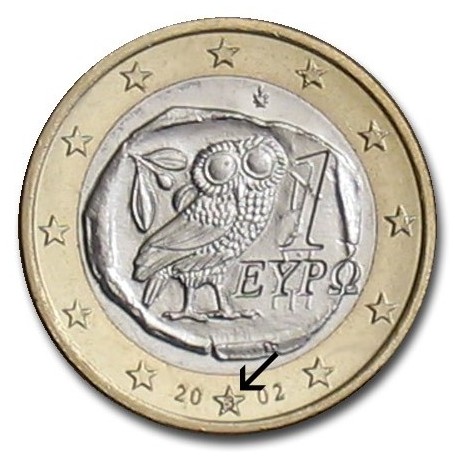 GRECIA 1 EURO 2002 BUHO @CON MARCA DE LETRA "S"@ MONEDA BIMETALICA SC Greece coin