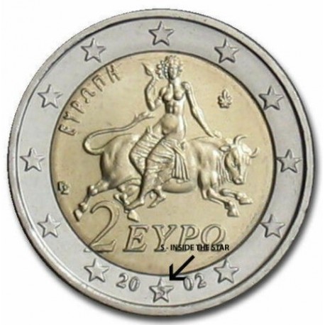 GRECIA 2 EUROS 2002 @CON LETRA "S"@ EUROPA RAPTADA POR ZEUS MONEDA BIMETALICA SC SIN CIRCULAR Greece 2€ coin