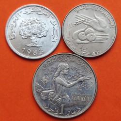 . 3 monedas x TUNEZ 5 MILLIEMES + 1/2 y 1 DINAR 1983 REY HABIB BOURGHIBA ALUMINIO y NICKEL EBC/SC Tunisia Tunisie