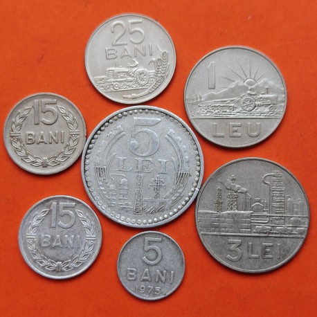 . 7 monedas x RUMANIA COMUNISTA 5+15+25 BANI + 1 LEU + 3 LEI + 5 LEI 1966 a 1978 Época de CEAUCESCU MBC++ Romania