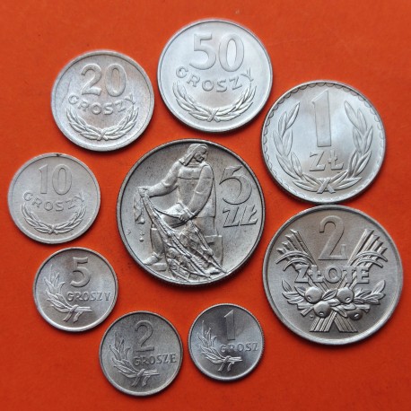 . 8 monedas x POLONIA @NUEVAS@ 1+2+5+10+20+50 GROSZY y 1+2+5 ZLOTY 1949 a 1975 PERSONAJES ALUMINIO