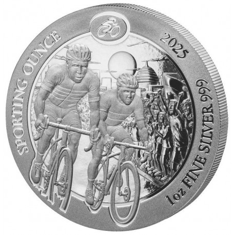 . 1 aaaaaaaaaacoin @6/NOVIEMBRE Envío@ RUANDA 50 FRANCOS 2025 CICLISMO Sporting Ounce 1ª MONEDA DE PLATA ONZA OZ silver Rwanda