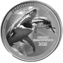 . 1 aaaaaaaaaacoin @6/NOVIEMBRE Envío@ CONGO 20 FRANCOS 2025 MEGALODON DINOSAURIO 5ª MONEDA DE PLATA ONZA OZ 2ª Prehistoric Life