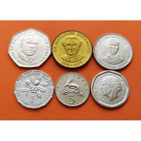 . 6 monedas x JAMAICA 1+5+10+25 CENTAVOS + 1 DOLAR 1993 + 5 DOLARES 1994 PERSONAJES y ESCUDO SC NICKEL, LATON...