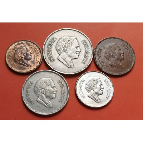. 5 monedas x JORDANIA 5+10+25+50+100 FILS 1981 a 1989 REY HUSSEIN II VARIOS METALES MBC++ The Hashemite Kingdom Of Jordan