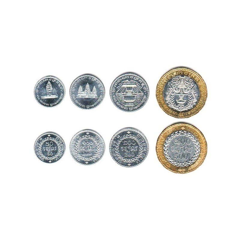 4 monedas x CAMBOYA 50+100+200 RIELS 1994 y 500 RIELS 1994 CARACTERES KM.95 BIMETALICA SC- Cambodia