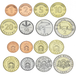 . 8 monedas x LETONIA 1+2+5+10+20+50 SANTIMU 1992 al 2003 + 1 LATS SALMÓN + 2 LATI 1999 VACA SC PRE-EURO COINS