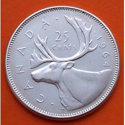 CANADA 25 CENTAVOS 1964 REINA ISABEL II y ALCE KARIBOU KM.52 MONEDA DE PLATA MBC+ silver coin