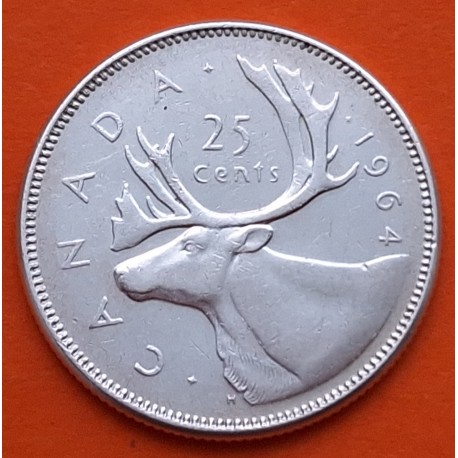 CANADA 25 CENTAVOS 1964 REINA ISABEL II y ALCE KARIBOU KM.52 MONEDA DE PLATA MBC+ silver coin