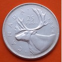 CANADA 25 CENTAVOS 1964 REINA ISABEL II y ALCE KARIBOU KM.52 MONEDA DE PLATA MBC+ silver coin