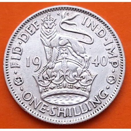 INGLATERRA 1 SHILLING 1940 JORGE VI y LEON SOBRE CORONA diseño INGLES KM.853 MONEDA DE PLATA MBC++ UK silver WWII