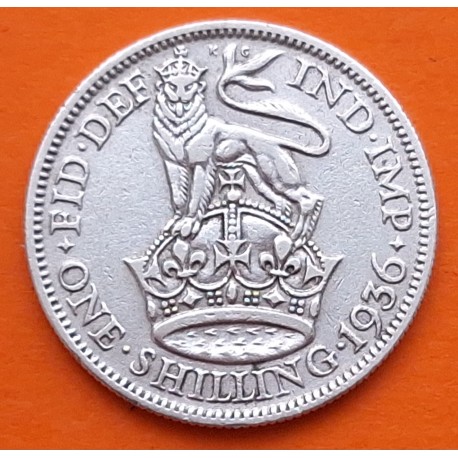 INGLATERRA 1 SHILLING 1936 JORGE V LEON SOBRE ESCUDO KM.833 MONEDA DE PLATA MBC- UK Silver