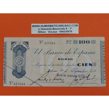 BILBAO 100 PESETAS 1936 CAJA DE AHORROS VIZCAINA 217344 EUZKADI BILLETE TALON EUSKADI España Guerra Civil
