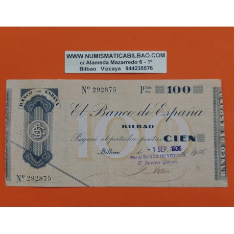 BILBAO 100 PESETAS 1936 BANCO DE VIZCAYA 292875 EUZKADI BILLETE TALON EUSKADI España Guerra Civil