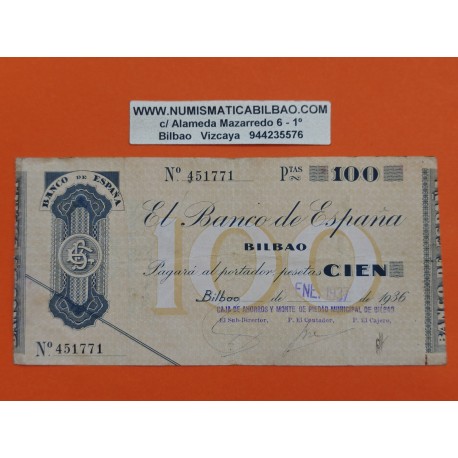 BILBAO 100 PESETAS 1936 CAJA DE AHORROS y MONTE DE PIEDAD 451771 EUZKADI BILLETE TALON EUSKADI España Guerra Civil