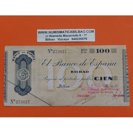 BILBAO 100 PESETAS 1936 BANCO GUIPUZCOANO 273027 @RARO@ EUZKADI BILLETE TALON EUSKADI España Guerra Civil