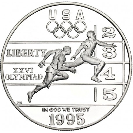 ESTADOS UNIDOS 1 DOLAR 1995 P OLIMPIADA DE ATLANTA PISTA DE ATLETISMO KM.264 MONEDA DE PLATA PROOF Track & Field