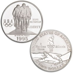 ESTADOS UNIDOS 1 DOLAR 1995 P CICLISMO OLIMPIADA DE ATLANTA 1996 KM.263 MONEDA DE PLATA PROOF SI CÁPSULA Cycling