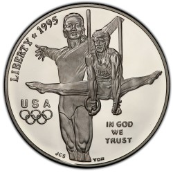 ESTADOS UNIDOS 1 DOLAR 1995 P OLIMPIADA DE ATLANTA GIMNASIA y ANILLAS KM.260 MONEDA DE PLATA PROOF SI CÁPSULA Gymnastics
