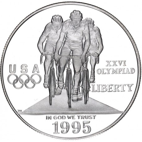 ESTADOS UNIDOS 1 DOLAR 1995 P CICLISMO OLIMPIADA DE ATLANTA 1996 KM.263 MONEDA DE PLATA PROOF SI CÁPSULA Cycling