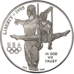 ESTADOS UNIDOS 1 DOLAR 1995 P GIMNASIA y ANILLAS OLIMPIADA DE ATLANTA 1996 KM.260 MONEDA DE PLATA PROOF SI CÁPSULA Gymnastics