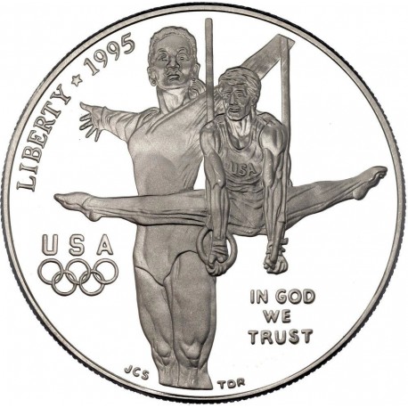 ESTADOS UNIDOS 1 DOLAR 1995 P GIMNASIA y ANILLAS OLIMPIADA DE ATLANTA 1996 KM.260 MONEDA DE PLATA PROOF SI CÁPSULA Gymnastics