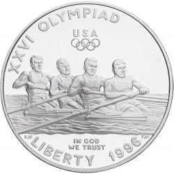 ESTADOS UNIDOS 1 DOLAR 1996 P REMEROS EN BARCA OLIMPIADA DE ATLANTA KM.272 MONEDA DE PLATA SI CÁPSULA Rowing