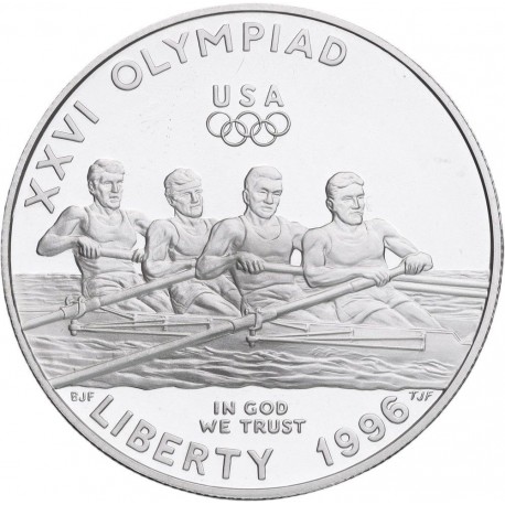 ESTADOS UNIDOS 1 DOLAR 1996 P REMEROS EN BARCA OLIMPIADA DE ATLANTA KM.272 MONEDA DE PLATA SI CÁPSULA Rowing