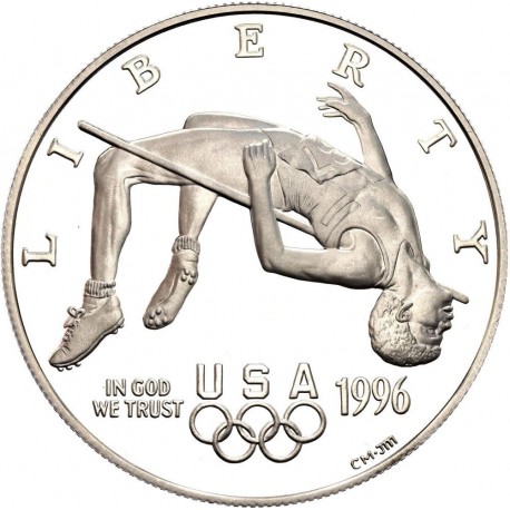 @ESCASA@ ESTADOS UNIDOS 1 DOLAR 1996 P OLIMPIADA DE ATLANTA SALTO DE ALTURA KM.272 MONEDA DE PLATA PROOF High Jump