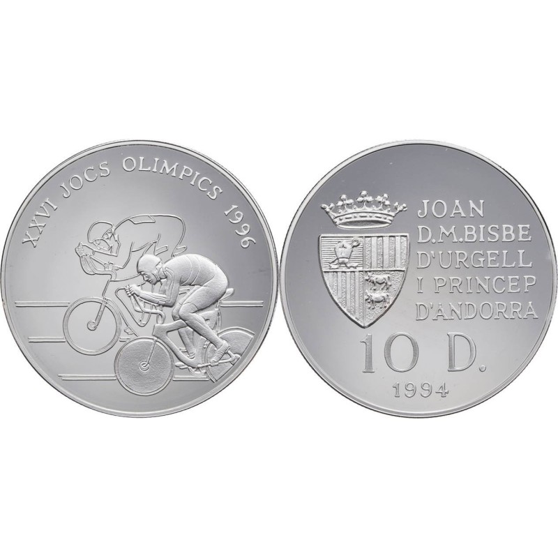 ANDORRA 10 DINERS 1994 CICLISMO OLIMPIADA ATLANTA 1996 KM.95 MONEDA DE PLATA PROOF 1 ONZA Ley 925