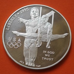 ESTADOS UNIDOS 1 DOLAR 1995 P OLIMPIADA DE ATLANTA GIMNASIA y ANILLAS KM.260 MONEDA DE PLATA PROOF SI CÁPSULA Gymnastics
