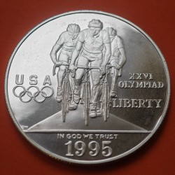 ESTADOS UNIDOS 1 DOLAR 1995 P CICLISMO OLIMPIADA DE ATLANTA 1996 KM.263 MONEDA DE PLATA PROOF SI CÁPSULA Cycling