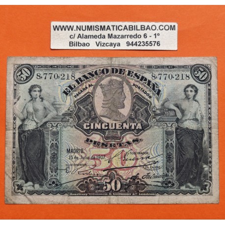 ESPAÑA 50 PESETAS 1907 DAMAS y ARCO DE SANTA MARIA EN BURGOS Sin Serie 8770218 Pick 63A @BILLETE RARO@ Spain banknote