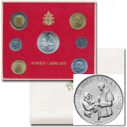 . 7 monedas x VATICANO CARTERA OFICIAL 1991 PAPA JUAN PABLO II SC 10+20+50+100+200 +500 + 1000 LIRAS 1991 PLATA MISIONEROS